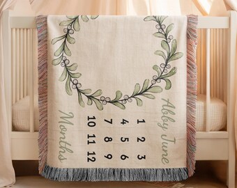 Personalized Baby Milestone Woven Blanket | Custom Elegant Winter Snowberry Nursery Baby Shower Gift