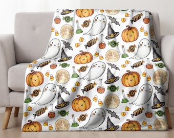 Halloween Ghost Throw, Cozy Warm Velveteen Plush Blanket, Housewarming Gift for Her, Kawaii Ghost Jack-O-Lantern Witch Blanket
