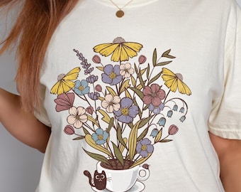 Comfort Colors® Floral Coffee Cat Shirt | Distressed Wildflower Vintage Style T-Shirt