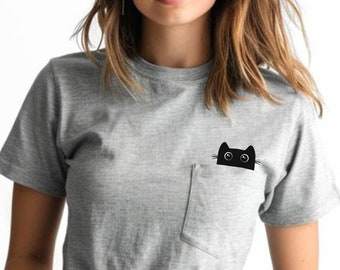 Pocket Cat Tee, Cute Black Cat Shirt, Kawaii Black Cat Pocket T-shirt, Funny Gift for Cat Mom & Dad Shirt