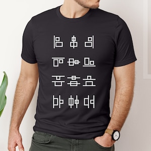 May include: A black t-shirt with white text that reads "| $ |" on the top row, "□ □ □ □" on the second row, "吾 吾 吾 吾" on the third row, and "叩 叩 叩 叩" on the bottom row.