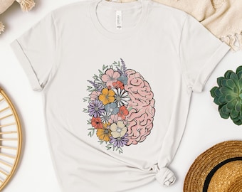 Floral Brain Mental Health Shirt, Brain Flowers T-shirt, Gift for Psychologist Psychiatrist, Brain Therapy, Teacher Gift, Teaching Shirt