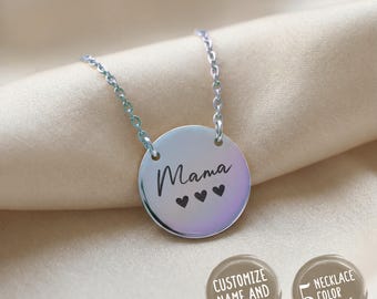Personalized Mama Mom Hearts Stainless Steel Necklace | Dainty Circle Pendant Engraving, Mother's Day Gift