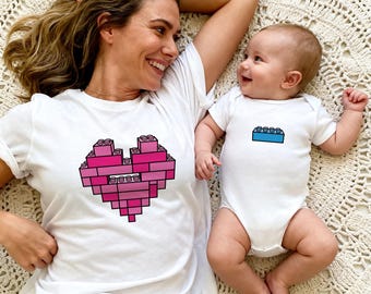 Mommy and Me Matching Shirt Set, Building Bricks Mama and Mini Tees: Mother and Daughter/Son Outfit