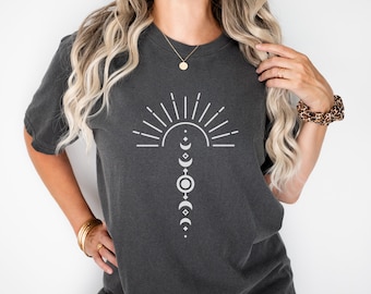 Comfort Colors® Sun and Moon Minimalist T-shirt, Boho Style Apparel, Celestial Mystical Tee, Cosmic Galaxy Gift for Her, Boho Design Shirt