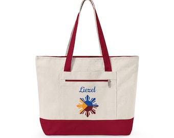 Personalized Philippines Sun Star Zippered Canvas Tote | Custom Name Bag Birthday Gift