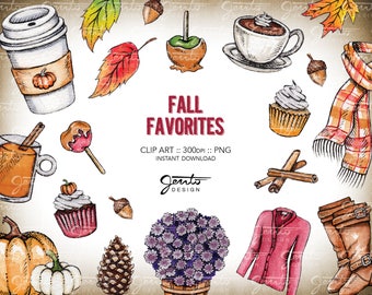 FALL Favorites, Pumpkin Spice Latte, Mums, Scarf, Boots, Cardigan Sweater, Pinecone, Caramel Apple, Cider, Watercolor, Clipart, PNG, 300dpi