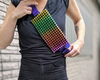 Festival fanny pack - metallic rainbow spike mesh hip bag, convertible purse cross body bag, flat, burning man, pride, bum bag, custom size