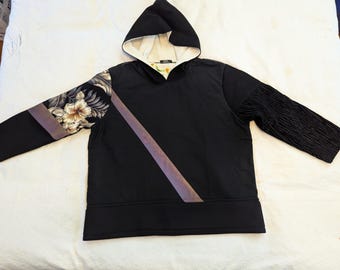 upcycled hoodie - unisex XL / one size - quilted style patchwork with repurposed materials - black and reflective