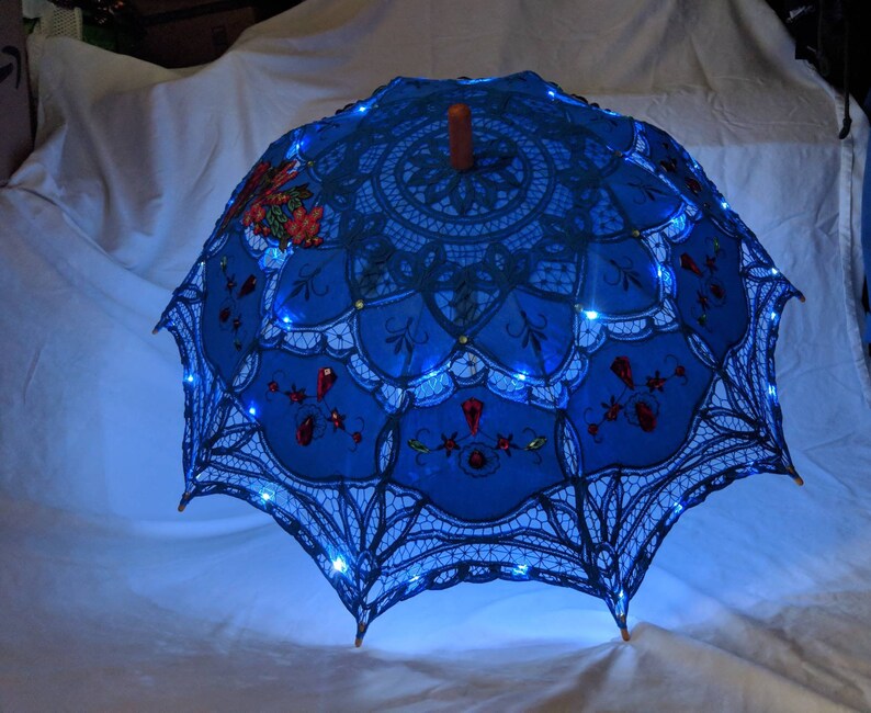 LED festival parasol blue lace umbrella w led fairy lights Etsy