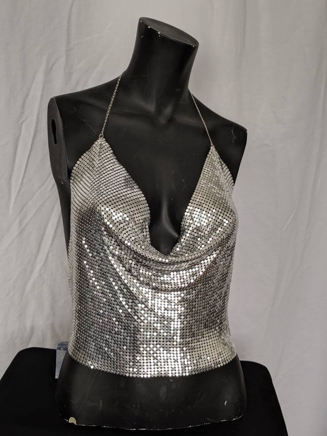 Metallic silver mesh disco glam halter top w chain strap one | Etsy