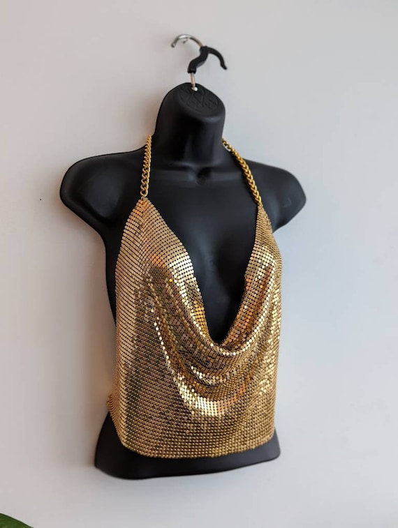 Metallic Gold Mesh Disco Glam Halter Top W Chain Strap and - Etsy