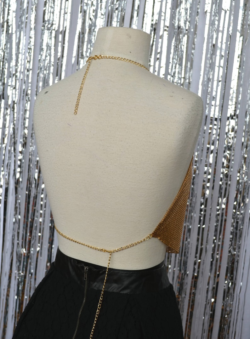 burning man one size Small Medium Large metal chain link cloth costume Metallic gold mesh halter crop top w chain strap and waist