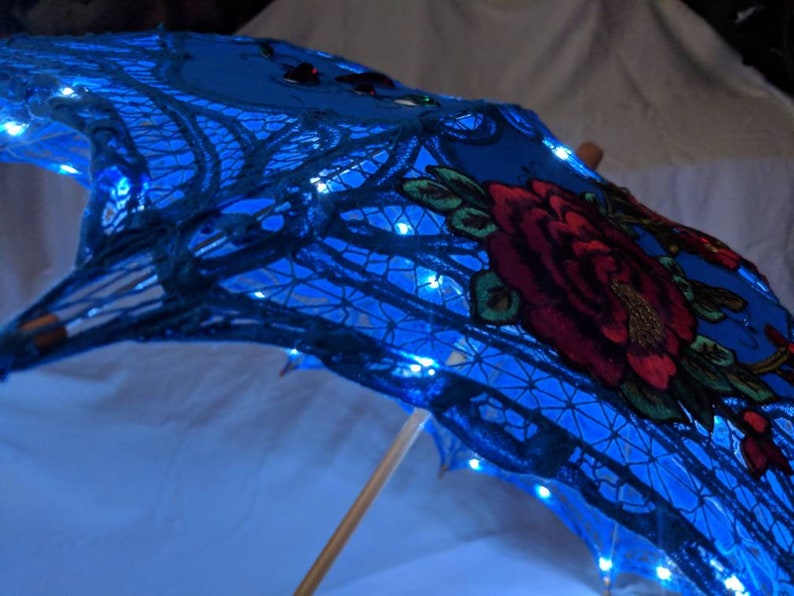 LED Festival Parasol Blue Lace Umbrella W Led Fairy Lights Etsy