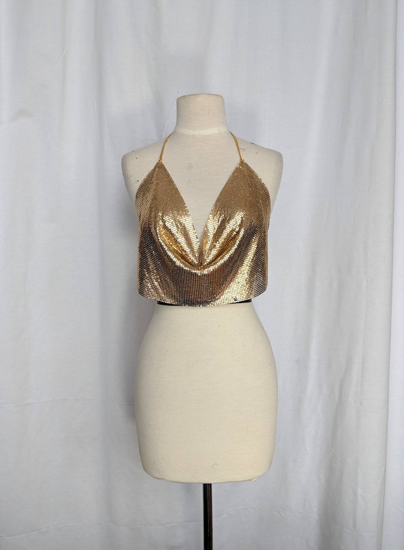 burning man one size Small Medium Large metal chain link cloth costume Metallic gold mesh halter crop top w chain strap and waist