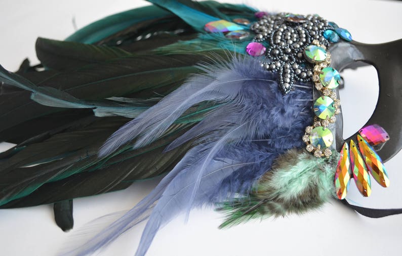 Blue green black feathered mardi gras mask burning man burlesque costume carnivale