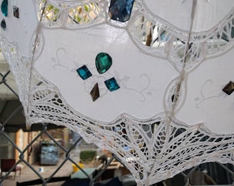 Led parasol - white parasol with blue & grey gems, purple led fairy lights - burning man, wedding, custom, second line, festival, costume