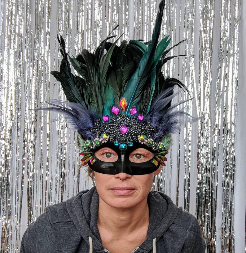Blue green black feathered mardi gras mask burning man burlesque costume carnivale