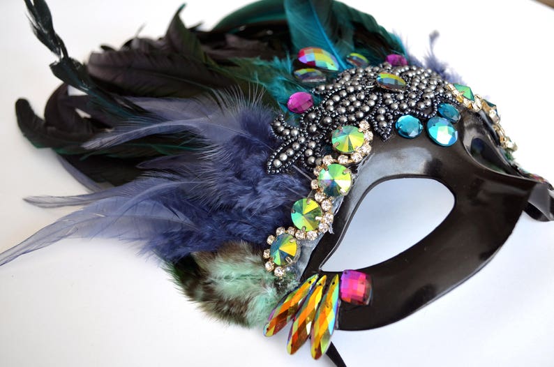Blue green black feathered mardi gras mask burning man burlesque costume carnivale