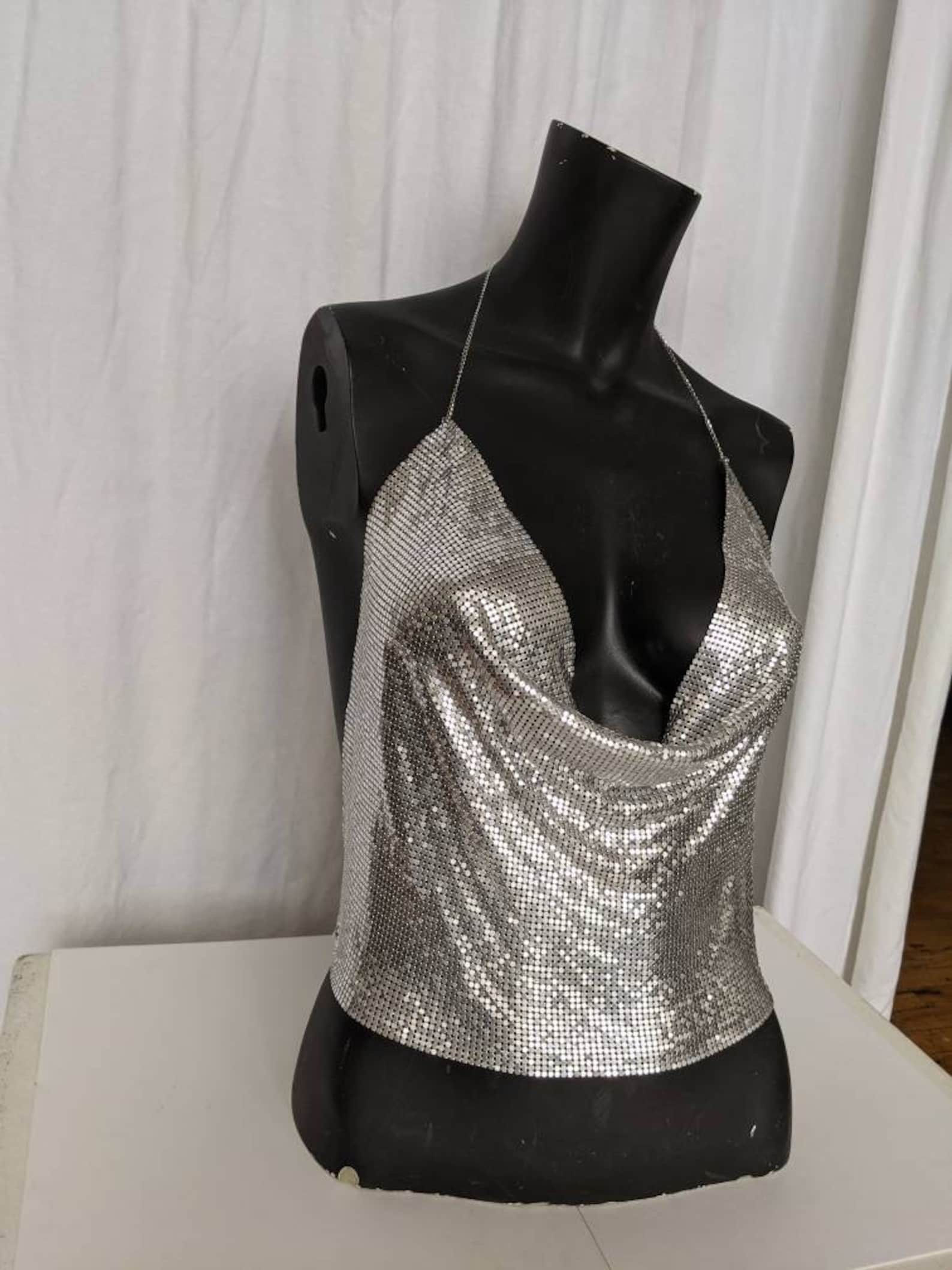 Metallic silver halter top with chain straps one size Small | Etsy