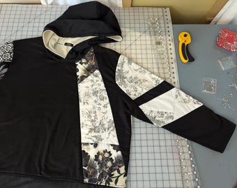 upcycled hoodie - quilted style - black and white patchwork - one size / oversized