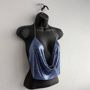 Blue metal mesh halter crop top w chain strap and waist - one size - costume, burning man, burlesque, Mardi gras