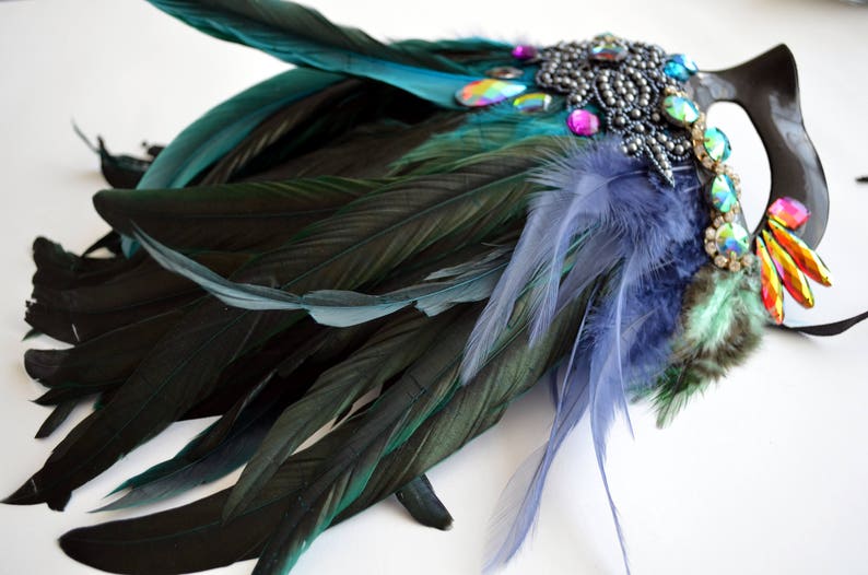 Blue green black feathered mardi gras mask burning man burlesque costume carnivale