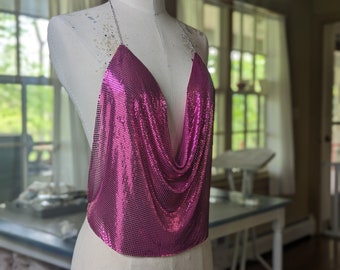 Metallic fuchsia pink metal mesh halter top one size fits all, chain link - oil slick, Mardi gras, mermaid parade, pride, festival