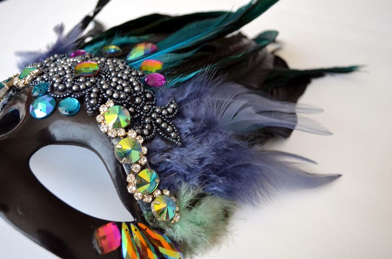 Blue green black feathered mardi gras mask burning man burlesque costume carnivale