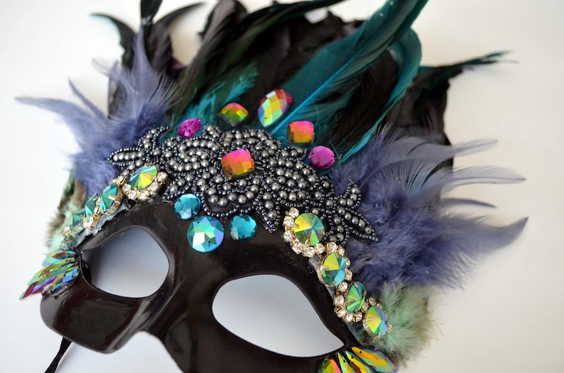 Blue green black feathered mardi gras mask burning man burlesque costume carnivale