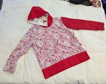upcycled hoodie - unisex size M- red and white lace hooded sweatshirt from repurposed materials