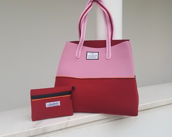 Kostenloser Versand, Verkauf Raspberry Pink Neopren-Strandtasche, Reisen Beutel und Tasche mit Geldbörse, Sommertasche, Einkaufstasche, vegane Mode