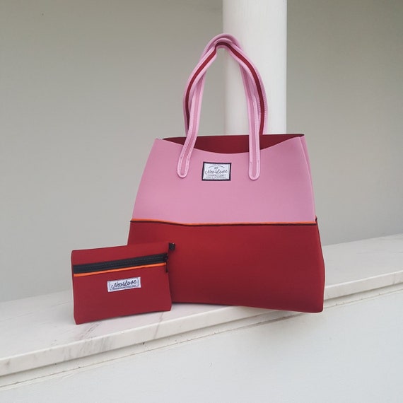 FREE SHIPPING SALE Raspberry Pink Neoprene Beach Bag Travel Pouch and Tote Bag With Purse Summer Bag Tote Bag Vegan Fashion Etsy