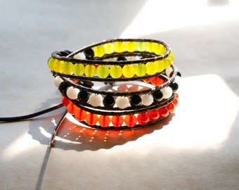 Onyx, Peridot & Carnelian Gemstone Leather Wrap Bracelet