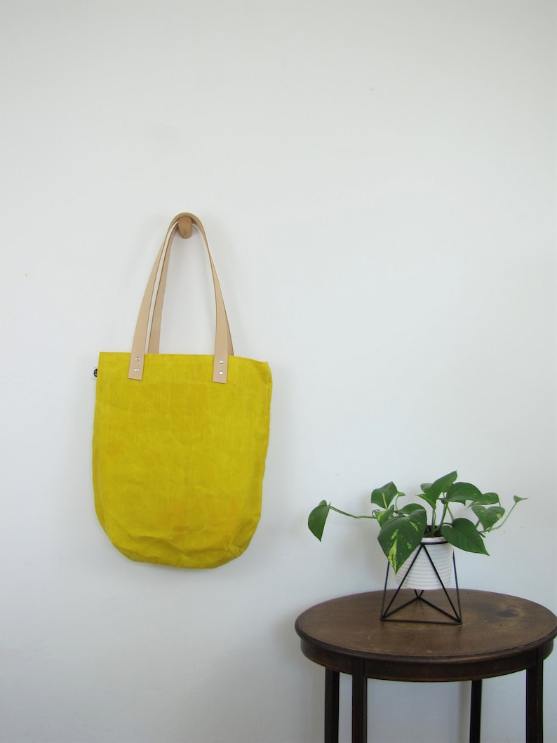dyed naturally Waxed Linen shoulder bag leather handles