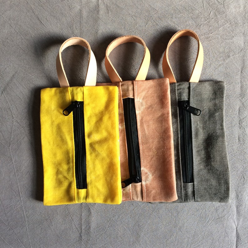 Dark grey Linen pouch pencil case waxed canvas and leather