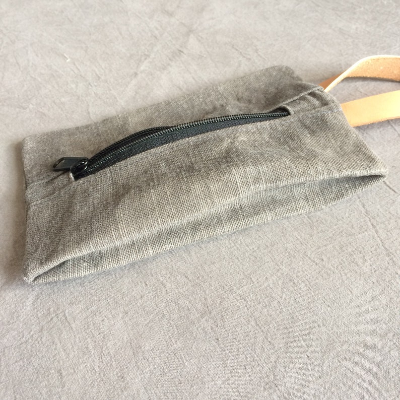 Dark grey Linen pouch pencil case waxed canvas and leather