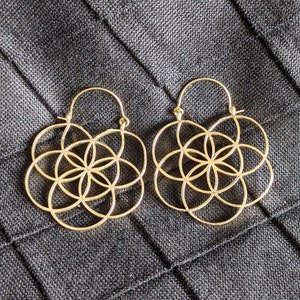 Sacred Geometry Flower of Life Earrings, Hoop Earrings, Boho Earrings, Indian Earrings, Festival Jewelry, Brass Earrings