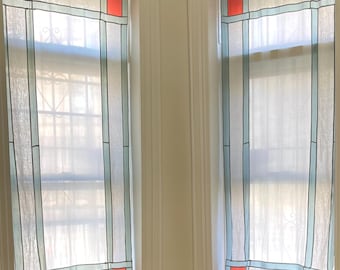 Custom Made Stained Glass Pojagi Panel – Frame Pattern- Modern Korean Patchwork Linen Curtain