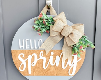 Front Door Decor | Hello Spring | Round Wood Sign | Front Door Wreath | Wood Door Hanger | Farmhouse  | 3D Lettering | Housewarming Gift