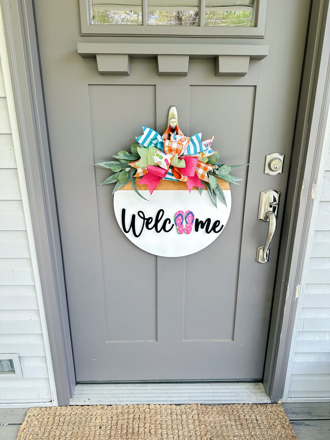 Summer Front Door Decor | Flip Flop Welcome Door Hanger | Round Wood ...