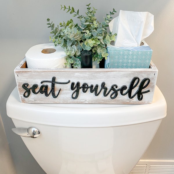 Seat Yourself | Funny Bathroom Decor | Toilet Paper Holder | Bathroom Decor | Wooden Bathroom Box, 3D Lettering | Housewarming Gift