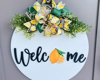 Front Door Decor | Lemon Welcome Door Hanger | Round Wood Sign | Front Door Wreath | Wood Door Hanger | 3D Lettering | Housewarming Gift