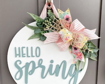 Hello Spring | Wood Door Hanger | Front Door Decor | Spring Door Hanger | Farmhouse Decor | 3D Lettering | Housewarming Gift | Realtor Gift