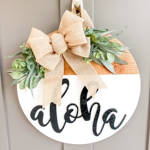 Front Door Decor | Aloha | Round Wood Sign | Front Door Wreath | Wood Door Hanger | Farmhouse Decor | 3D Lettering | Housewarming Gift