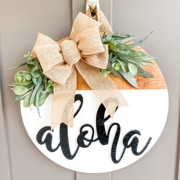 Front Door Decor | Aloha | Round Wood Sign | Front Door Wreath | Wood Door Hanger | Farmhouse Decor | 3D Lettering | Housewarming Gift