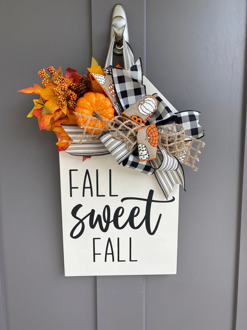 Fall Door Hanger | Front Door Decor | Fall Sweet Fall | Fall Wreath | Pumpkin Door Hanger | Halloween | Hello Fall Wood Sign | Door Tags image 1
