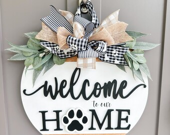 Front Door Decor | Dog | Paw Print | Round Wood Sign | Front Door Wreath | Wood Door Hanger | Farmhouse Decor | 3D Lettering | Housewarming