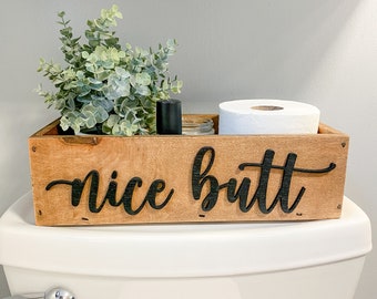 Nice Butt | Funny Bathroom Decor | Toilet Paper Holder | Bathroom Decor | Wooden Bathroom Box, 3D Lettering | Housewarming Gift