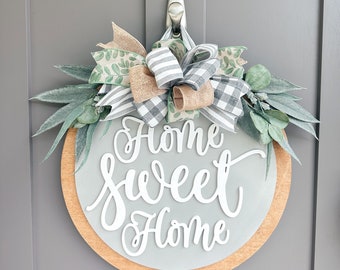 Front Door Decor | Home Sweet Home | Round Wood Sign | Front Door Wreath | Wood Door Hanger | Farmhouse | 3D Lettering | Housewarming Gift